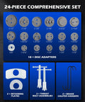 24 Piece Brake Caliper Compression Tool Set For Universal Disc Brakes With Piston Wind Back Kit And Blue Case DIY Friendly Heavy Duty Caliper Piston Compressor Tool Kit For Brake Pad Replacement By Orion Motor Tech, showing 18 disc adapters, 2 retaining plates, thrust bolt assemblies, and caliper hangers.