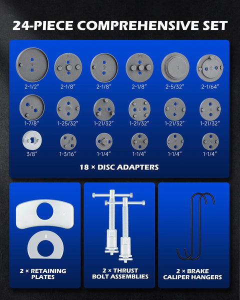 24 Piece Brake Caliper Compression Tool Set For Universal Disc Brakes With Piston Wind Back Kit And Blue Case DIY Friendly Heavy Duty Caliper Piston Compressor Tool Kit For Brake Pad Replacement By Orion Motor Tech, showing 18 disc adapters, 2 retaining plates, thrust bolt assemblies, and caliper hangers.