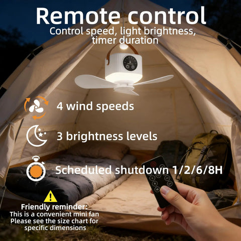 Rechargeable Portable Ceiling And Desk Fan With Light And Remote 11 Inch Camping RV Tent Fan in a tent, showing remote control in hand.