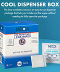 Front view of blue MEGCA pre-moistened lens wipes box, 100 pads, with a single wipe packet