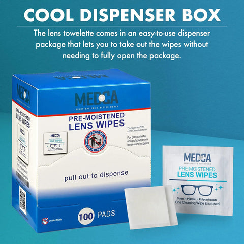 Front view of blue MEGCA pre-moistened lens wipes box, 100 pads, with a single wipe packet