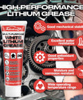 Tube of high-performance white lithium grease with metal gears visible in the background.