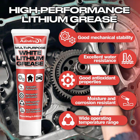 Tube of high-performance white lithium grease with metal gears visible in the background.