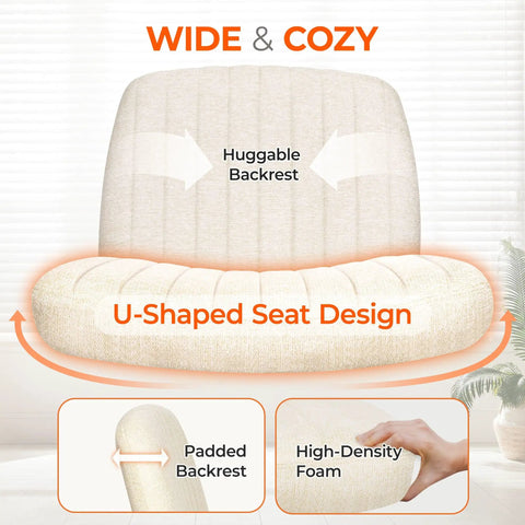 Cross Legged Comfy Office Desk Chair With Wheels Armless Swivel Fabric Seat Wide Space Saving Vanity Chair For Home Computer Task Beige Wheel Adjustable Height And Back Support featuring cushioned backrest and U-shaped seat design