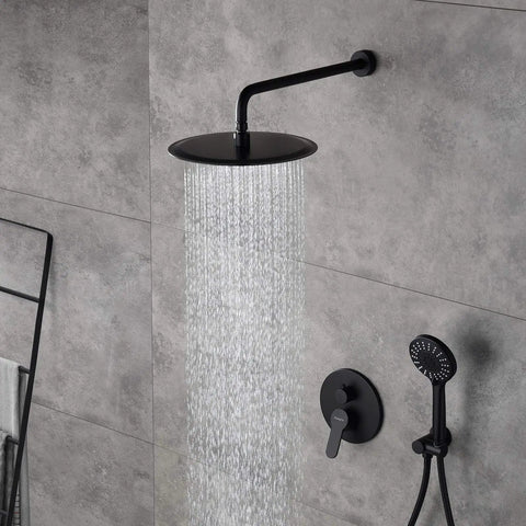 Matte Black All In One Shower System Complete Kit With 12 Inch Rainfall Shower Head And 5 Setting Handheld Rough In Valve Body