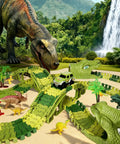 266 Piece Dino Track Set For Kids Ages 3 4 5 6 7 Flexible Race Tracks With 2 Dino Cars Bridges Tunnels displayed on jungle backdrop