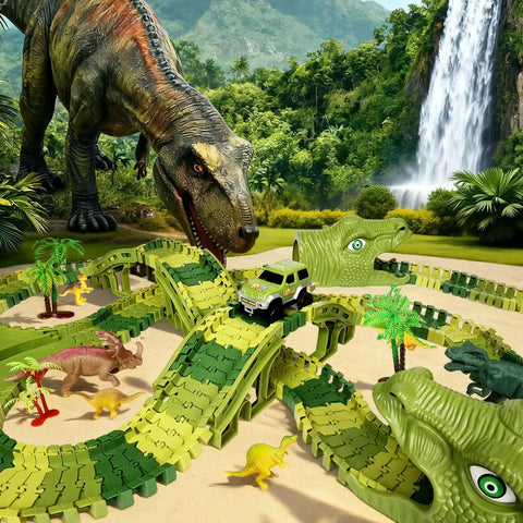 266 Piece Dino Track Set For Kids Ages 3 4 5 6 7 Flexible Race Tracks With 2 Dino Cars Bridges Tunnels displayed on jungle backdrop