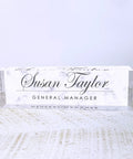 Personalized Desk Name Plate With White Marble Look On Clear Acrylic, Custom Name And Title, Engraved Office Sign