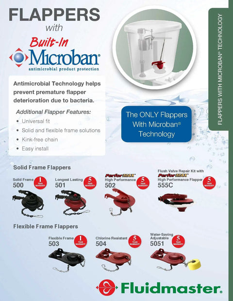 Universal 2 Inch Toilet Flapper With Chlorine Resistant Material Microban Protection And Long Lasting Flexible Frame Red Fits Most Toilets And American Standard Actuators Strong Metal Chain Included, Fluidmaster flapper product display with Microban technology features.