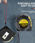 25 Foot Tape Measure Self Locking With Rubber Covered Case Pro Grade Heavy Duty Measuring Tape In Inches And Metric in hand and pocket.