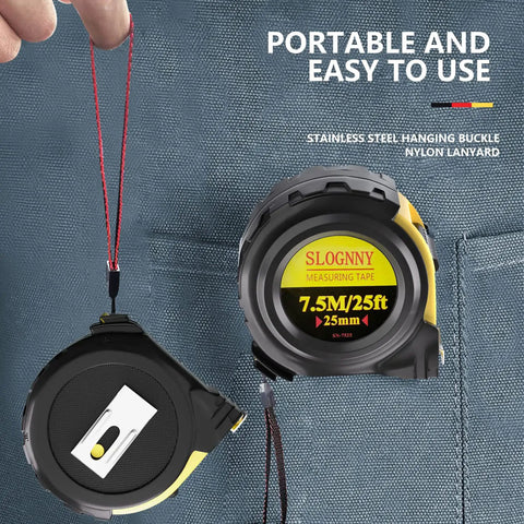 25 Foot Tape Measure Self Locking With Rubber Covered Case Pro Grade Heavy Duty Measuring Tape In Inches And Metric in hand and pocket.