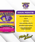 Wizards Metal Polish box front view, 3 oz, for silver, brass, stainless steel and aluminum automotive finishes