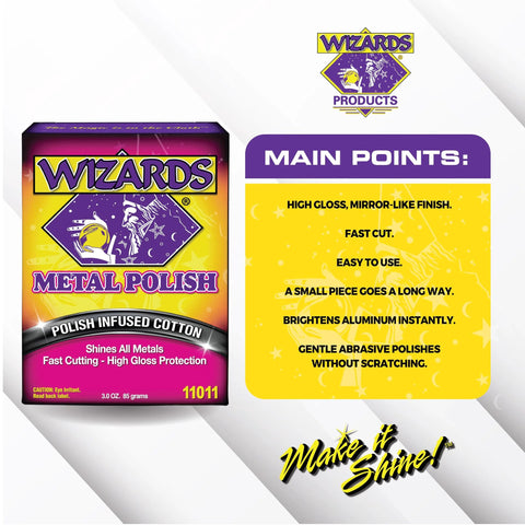 Wizards Metal Polish box front view, 3 oz, for silver, brass, stainless steel and aluminum automotive finishes