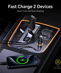 Dual Port Usb C Car Charger Delivering Pd 45W And Qc 30W Fast Charge Magic Plug Straight Into Your Ride For Macbook Or iPhone 15 Galaxy S24 shown in car interior with charging phone.