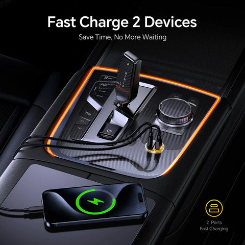 Dual Port Usb C Car Charger Delivering Pd 45W And Qc 30W Fast Charge Magic Plug Straight Into Your Ride For Macbook Or iPhone 15 Galaxy S24 shown in car interior with charging phone.