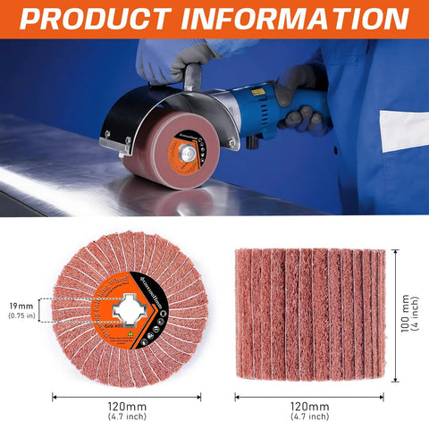 Six Piece Non Woven Wire Drawing Flap Wheel Set For Serious Burnishing And Polishing Jobs With Sharp Alumina Coated Pa Fiber, shown with polishing tool and size details.