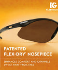 Boss Level Polycarbonate Safety Glasses With Mirror Tinted Smoke Lenses And Matte Black Frame showing patented flex-dry nosepiece