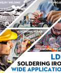 Collage showcasing wide applications of 60W Adjustable Temperature Soldering Iron Kit for Electronics and Jewelry Repair, ideal for DIYers.