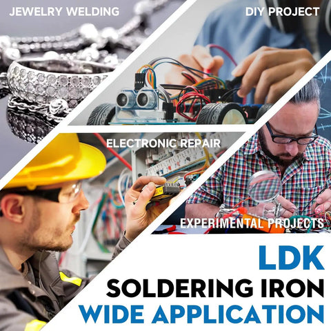 Collage showcasing wide applications of 60W Adjustable Temperature Soldering Iron Kit for Electronics and Jewelry Repair, ideal for DIYers.