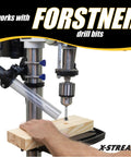 Top Shelf Pro Grade Universal Drill Press Dust Collector With Multi Axis Adjustable Hose Mount for Forstner drill bits on wood.