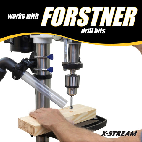 Top Shelf Pro Grade Universal Drill Press Dust Collector With Multi Axis Adjustable Hose Mount for Forstner drill bits on wood.