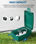Green outdoor weatherproof electrical box with waterproof cord protector for extension cords and power strips, open view.
