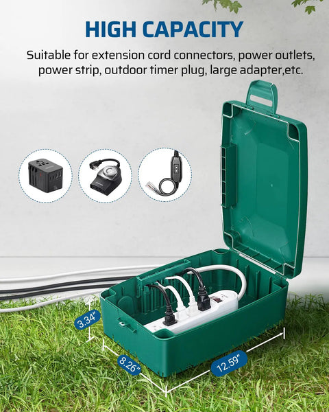 Green outdoor weatherproof electrical box with waterproof cord protector for extension cords and power strips, open view.