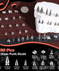 Punk Stud Kit For Leather And Clothing DIY Decor with 630 mixed cone, pyramid, dome spikes in 10 sizes on display