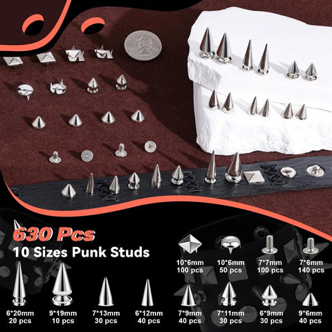 Punk Stud Kit For Leather And Clothing DIY Decor with 630 mixed cone, pyramid, dome spikes in 10 sizes on display