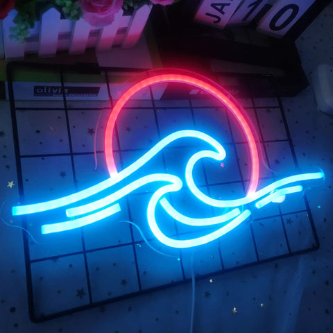 Sunrise Sunset Neon Sign Dimmable Wave Ocean Neon Wall Light For Living Room Bedroom Office Bar Party Christmas Ice Blue Red Color Options Tropical Lit Vibe Decor