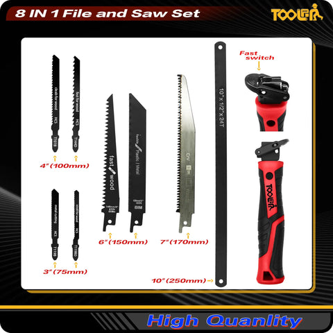 All In One 8 In 1 Hand Saw With Quick Change Blades For Drywall Sheetrock Wood Metal Plastic Plywood Includes Hacksaw Jab Saw Long Blade And Lockback Mechanism Red Non Slip Handle