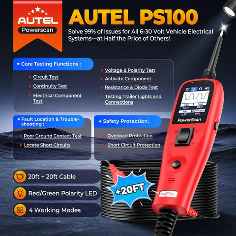 PowerScan PS100 Circuit Tester 2 Point 0 12 24V Automotive Electrical Probe Tool For DIYers And Pros Fast Diagnostics Live Circuit Testing Ground Check Clip Probes Troubleshooting Made Easy, red handheld with 20ft cable
