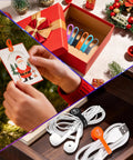 Super Handy Magnetic Cable Clips Eighteen Pack Organizes Earbuds Cords Usb Wires Fast And Keeps Your Desk Super Tidy With Versatile Fridge Magnets Cable Managers Wrap Ties displayed in festive holiday setting and organizing white cables in a drawer.