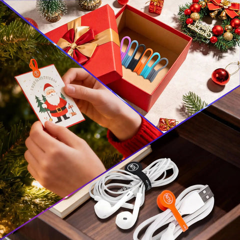 Super Handy Magnetic Cable Clips Eighteen Pack Organizes Earbuds Cords Usb Wires Fast And Keeps Your Desk Super Tidy With Versatile Fridge Magnets Cable Managers Wrap Ties displayed in festive holiday setting and organizing white cables in a drawer.