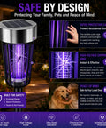 Solar Powered Bug Zapper Outdoor 4 Pack for Yard Garden Patio IP65 Waterproof with Auto On Off and Purple Light, showing safety features.