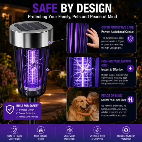 Solar Powered Bug Zapper Outdoor 4 Pack for Yard Garden Patio IP65 Waterproof with Auto On Off and Purple Light, showing safety features.
