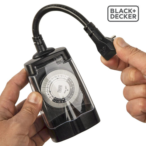 Waterproof Outdoor Plug Timer With Dual Grounded Outlets, Analog Clock Schedule Controller, Straight Up Weatherproof Build, Hella Easy Setup For Garden Lighting, 2 Pack Bundle in hand, showing timer dial.