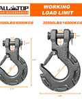 Two Beefy Forged Steel Winch Hooks for Five Sixteenth Inch Cable, Six Ton Capacity, 13500 Pound Break Strength, with dimensions.