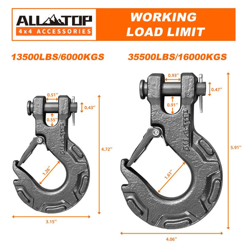 Two Beefy Forged Steel Winch Hooks for Five Sixteenth Inch Cable, Six Ton Capacity, 13500 Pound Break Strength, with dimensions.