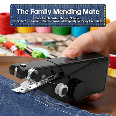 Grab And Go Cordless Handheld Sewing Machine For Beginners And Adults, Ultra Portable Mini DIY Sewing Kit, Black, in use mending fabric.
