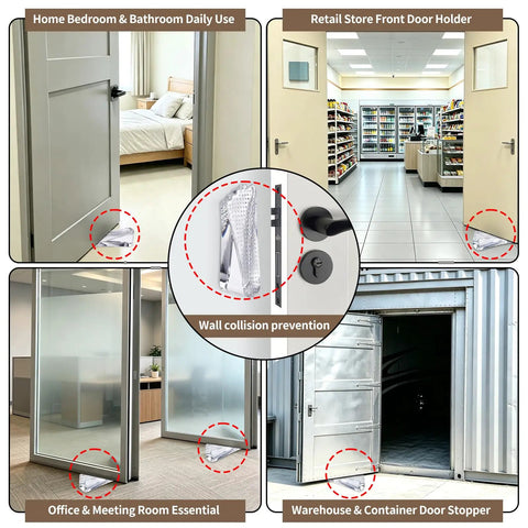 Two Pack Clear Silicone Door Stoppers Set for Floor or Wall Use shown in office, bedroom, retail, and warehouse settings.