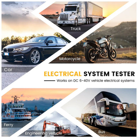 Power Circuit Probe Tester For Auto Electrical Systems 6V-40V DC No-Fuss All-In-One Kit with vehicles shown: truck, motorcycle, car, ferry, engineering vehicle, bus