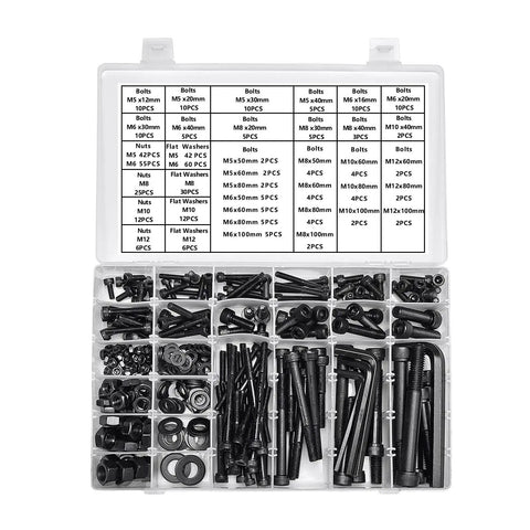 434 Piece Metric Bolt Kit With M5 M6 M8 M10 M12 Screws Nuts Washers And Hex Socket Head Cap Screws Grade 12.9 Steel Cylindrical Heads Includes 12 To 100mm Lengths For DIY Auto Shop And Machinery Projects.