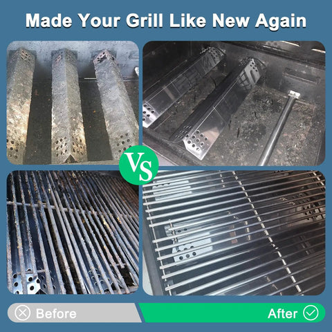 Before and after of Grill Replacement Parts Kit For A 3 Burner Gas Grill, includes grates, heat plates and burners, fits 720-0787D and 720-0953 series