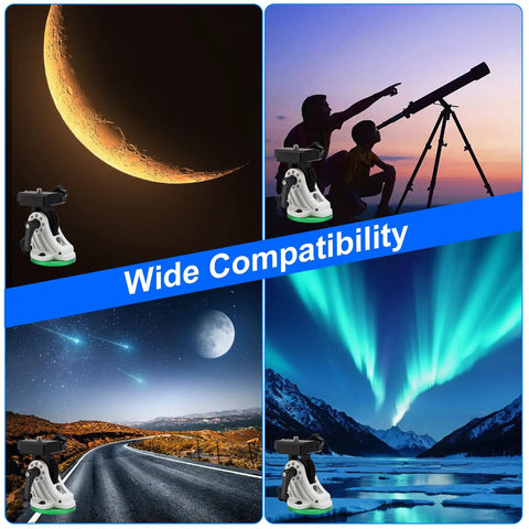 Versatile Latitude Adjustment Telescope Base In Aluminum Alloy next to telescope and night sky scenes, showcasing wide compatibility