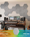 Hexagon Acoustic Panels Dead Ass Soundproof Foam Wall Tiles High Density Noise Dampeners Peel And Stick Audio Treatments Flame Resistant Home Studio Gear 12 Inch Grey Smooth Zero Stress Install Hella Echo Control mounted on studio wall.