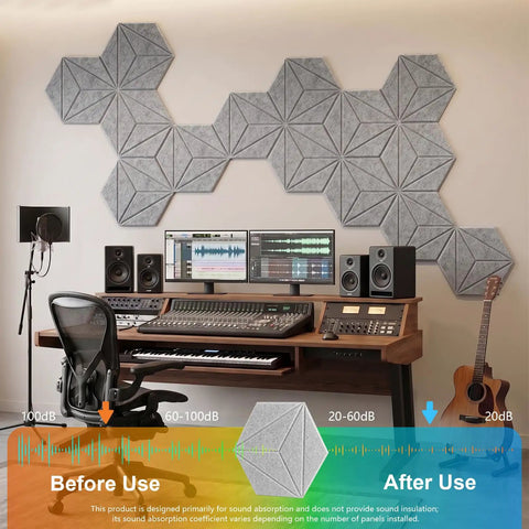 Hexagon Acoustic Panels Dead Ass Soundproof Foam Wall Tiles High Density Noise Dampeners Peel And Stick Audio Treatments Flame Resistant Home Studio Gear 12 Inch Grey Smooth Zero Stress Install Hella Echo Control mounted on studio wall.