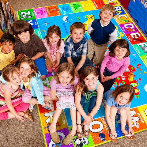 Children sitting on Interactive World Map Kids Rug for Playroom and Classroom 110 By 78.7 Inches Educational Geography Carpet.