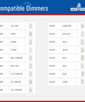 Chart of compatible dimmers for the 16 Inch LED Flush Mount Ceiling Light Dimmable 23W, 1610 Lumens, 5000K Bright Daylight, Brushed Nickel Round Fixture For Kitchen Hallway Bathroom Stairwell, Sleek Modern Design, Easy Install, 120V