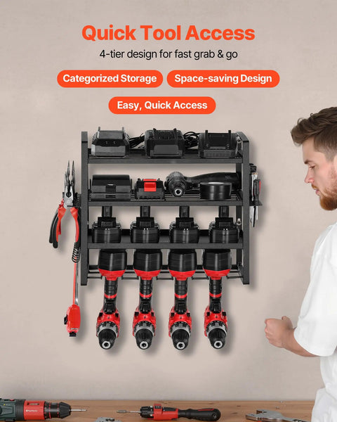 Power Tool Organizer Wall Mount Four Tier Storage Rack With Four Drill Holders And Screwdriver Holder for Garage Shop